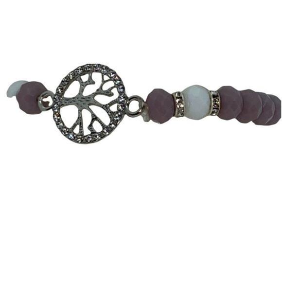 Purple White Beaded Silver-Tone Tree of Life Pendant Rhinestone Stretch Bracelet - Picture 2 of 9
